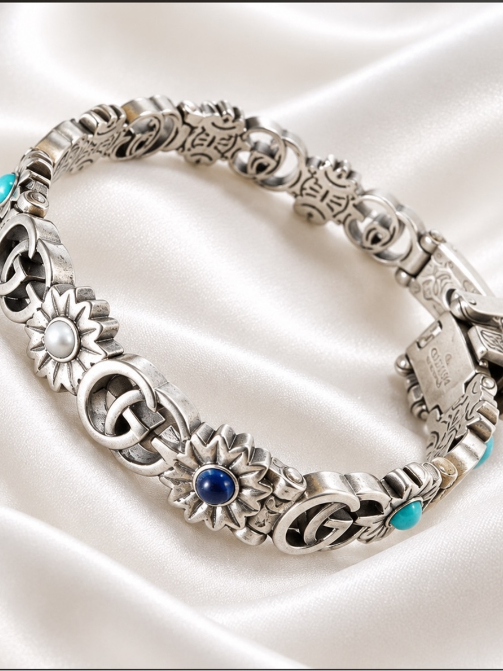Gucci Antique Silver Floral Cuff Bracelet with Blue and Turquoise Stones